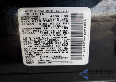 2015 Nissan Rogue Select S z USA, uszkodzony, nr VIN JN8AS5MT4FW652016